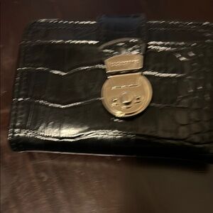 Black Croc-Embossed Wallet with Silver Clasp